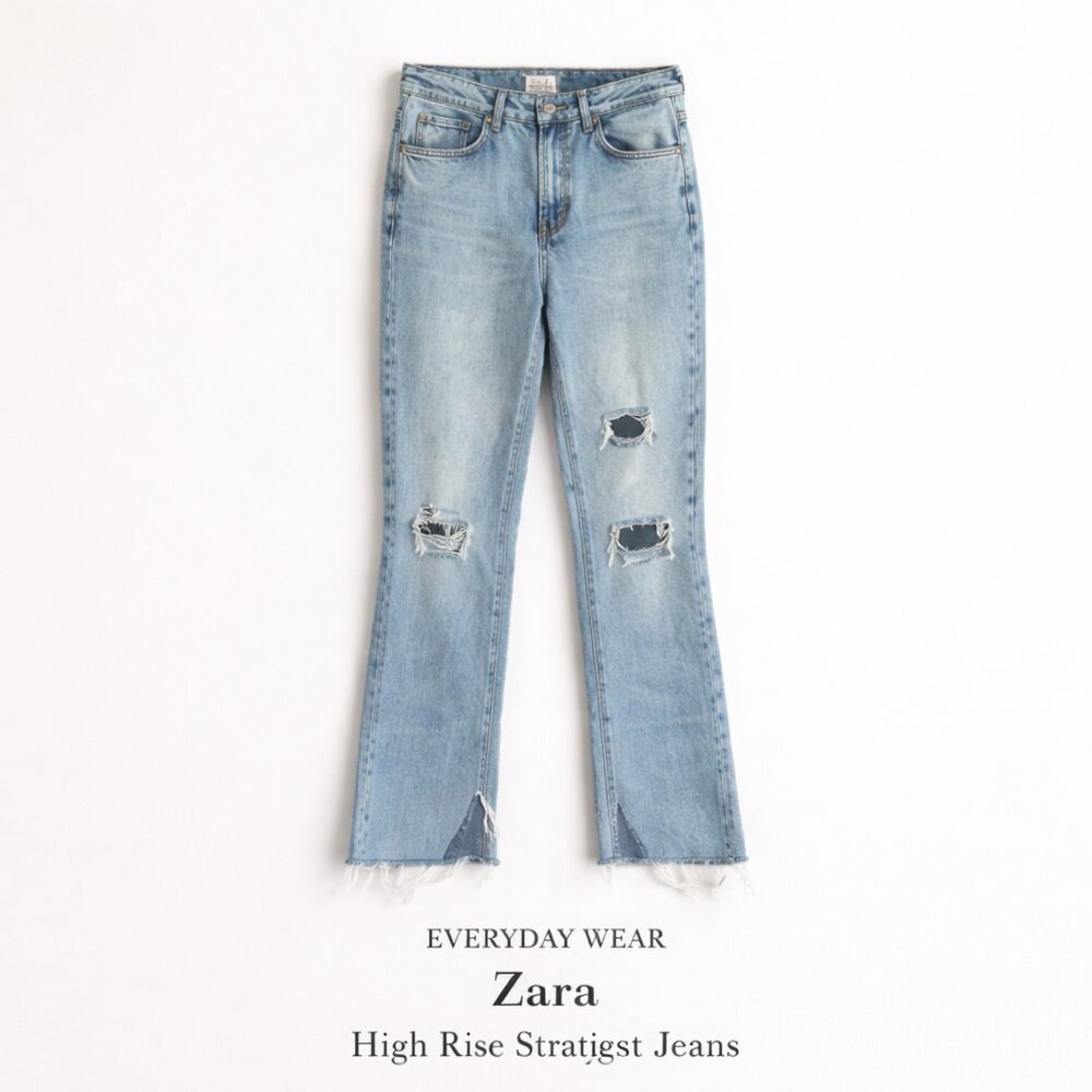 Zara High Rise Straight Leg Jeans Light Wash Distressed Raw Split Hem Size 4